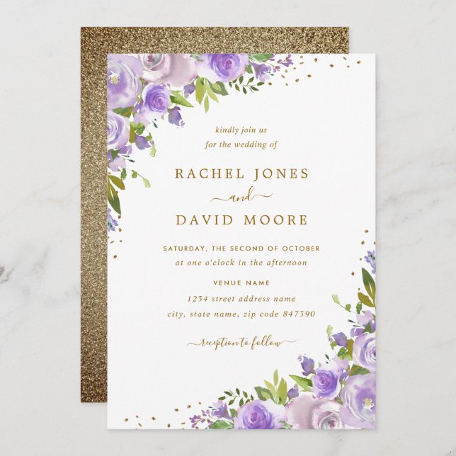 Invitation Admission de mariage à l'aquarelle jaune violet or (Devant / Derrière)