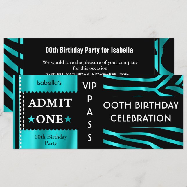 Invitation Admission Fête d'anniversaire Zèbre Bleu sarcelle  (Devant / Derrière)