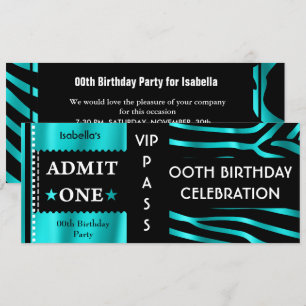 Invitation Admission Fête d'anniversaire Zèbre Bleu sarcelle 