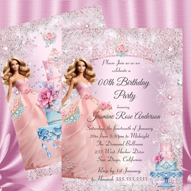 Invitation Ado Anniversaire rose Bleu hiver Wonderland Tiara (Créateur téléchargé)