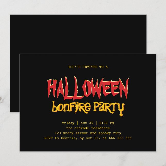 Invitation Ado de la fête du feu d'Halloween en extérieur noi (Devant / Derrière)