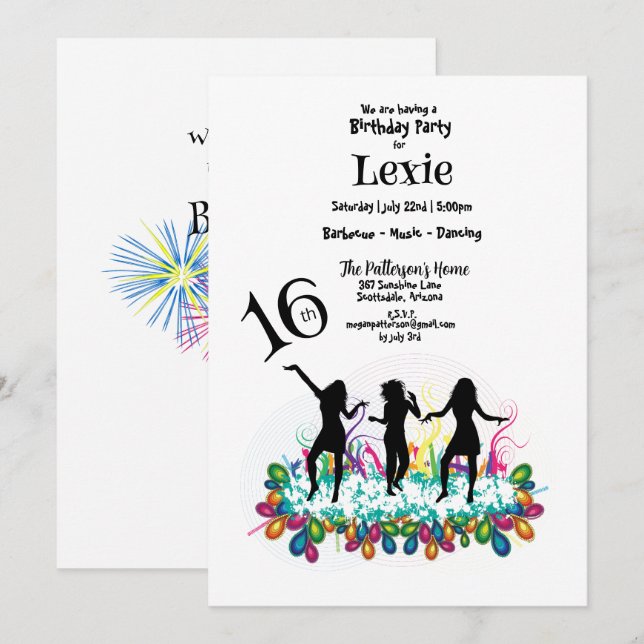 Invitation ado du 16e anniversaire dansant coloré (Devant / Derrière)