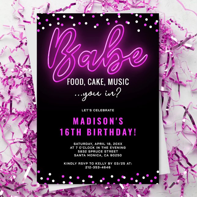 Invitation Ado Fille Neon Babe Fête d'anniversaire (Créateur téléchargé)