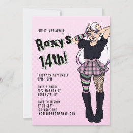 Invitation Ado fille Pink Cartoon Punk 14e anniversaire