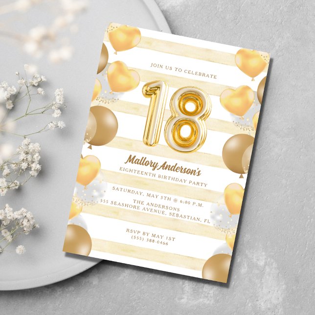 Invitation Ado Girl Gold Balloon 18e fête d'anniversaire (Teen Girl Gold Balloon 18th Birthday Party Invitation)