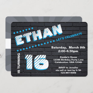 Invitation Ado/Tween Graffiti Brick Wall Anniversaire Boy Par