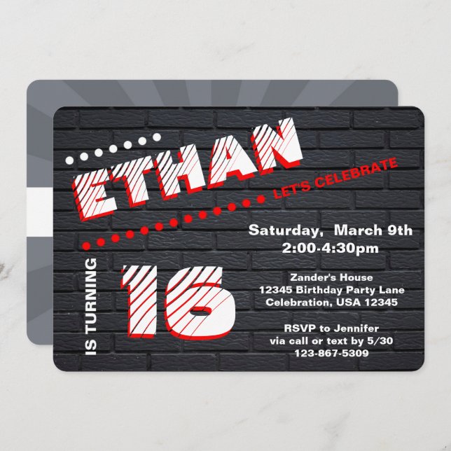 Invitation Ado/Tween Graffiti Brick Wall Anniversaire Boy Par (Devant / Derrière)