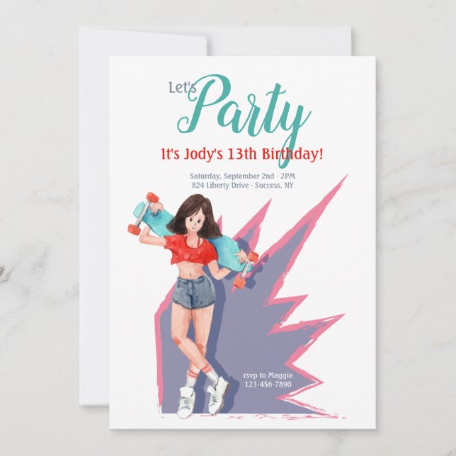 Invitation Adolescente avec skateboard (Devant)