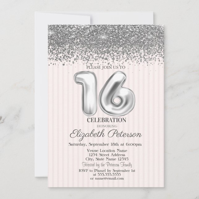 Invitation Adolescente de 16 ans tendance argent diamants ray (Devant)