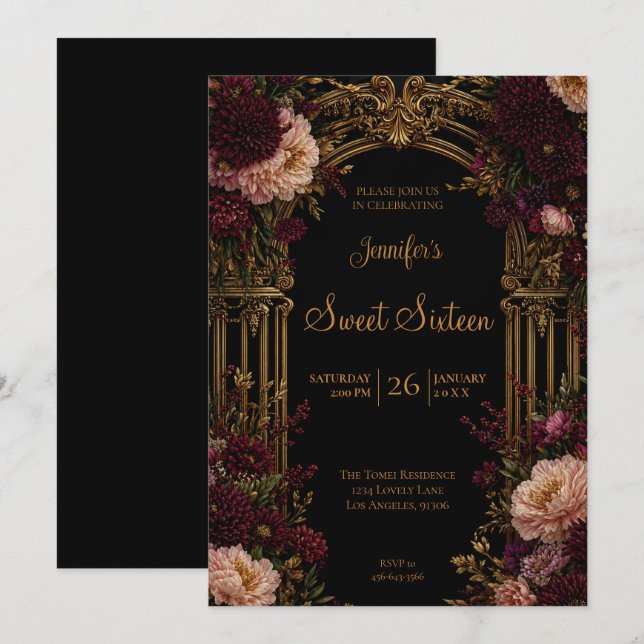 Invitation Adolescente Florale Gothique Doux 16 (Devant / Derrière)