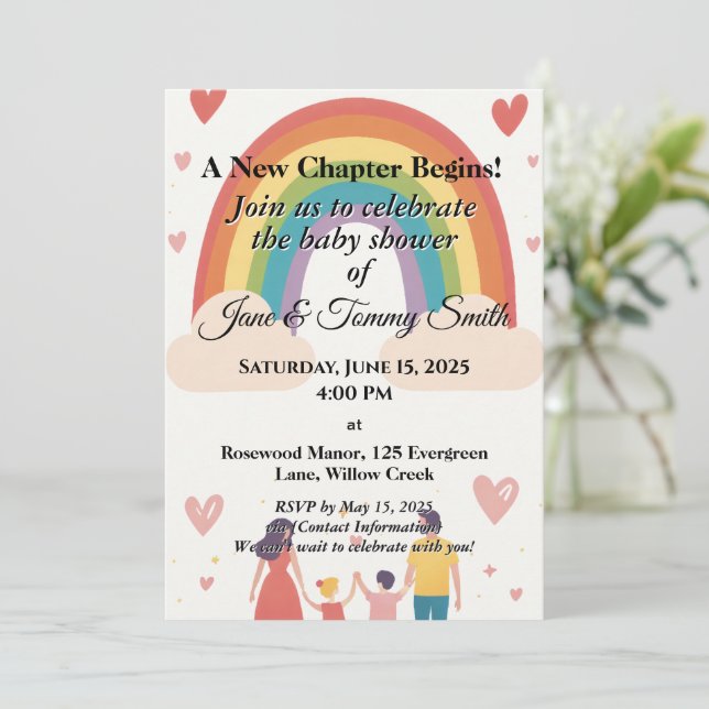 Invitation Adoption Baby shower arc-en-ciel (Debout devant)