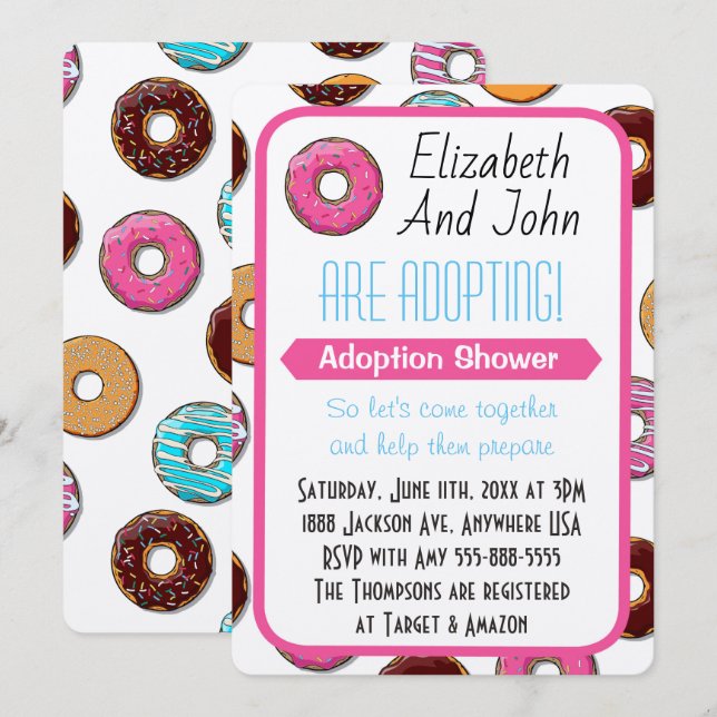 Invitation Adoption Douche moderne Pink Donut Party (Devant / Derrière)