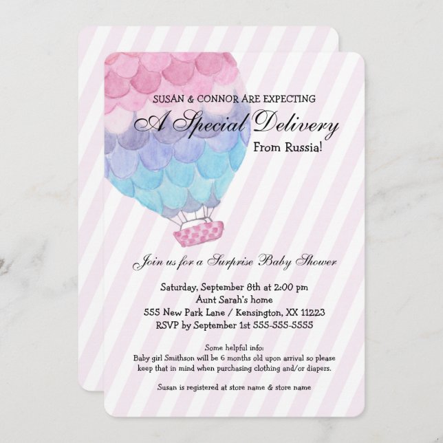 Invitation Adoption Girl Baby shower, ballon à air chaud rose (Devant / Derrière)