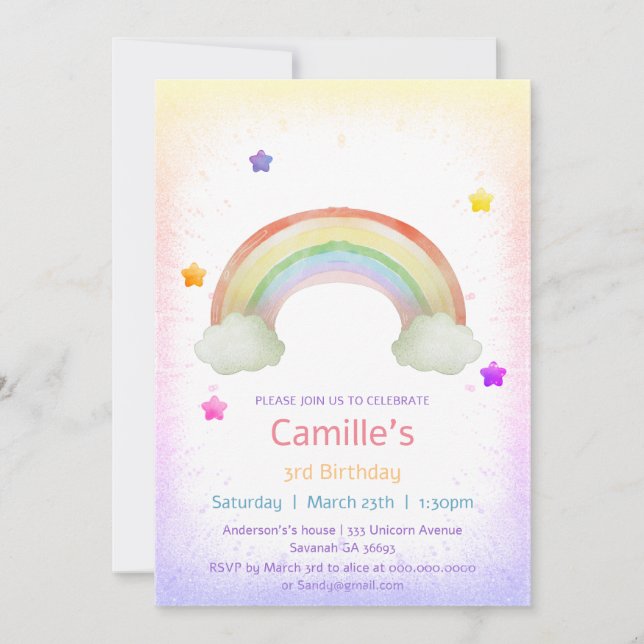 Invitation Adorable anniversaire de fille arc-en-ciel (Devant)