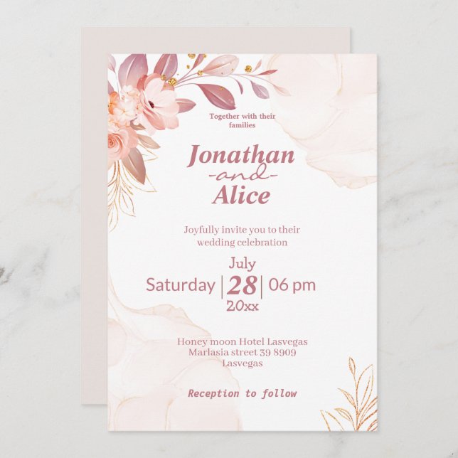 Invitation Adorable aquarelle floral rose blanc mariage migno (Devant / Derrière)