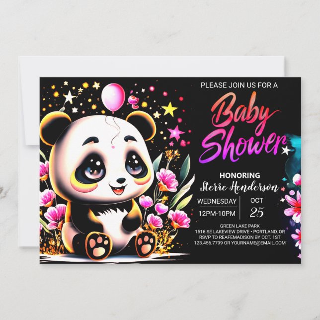 Invitation Adorable aquarelle Panda Haven Baby shower fille (Devant)