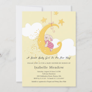 Invitation Adorable Baby Girl Rabbit Stars Lune Baby shower