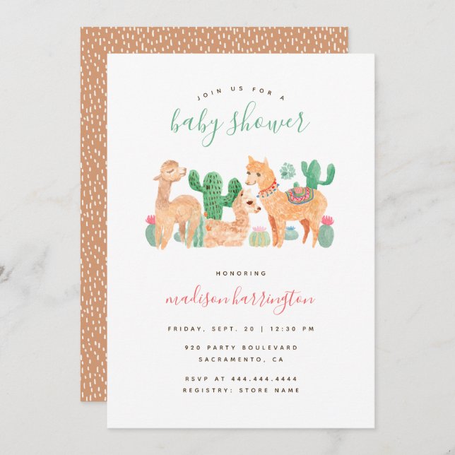 Invitation Adorable Baby shower Alpaca Llama Cactus Boho (Devant / Derrière)