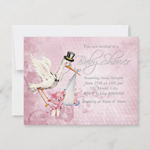 Invitation Adorable Baby shower de cigogne rose Vintage