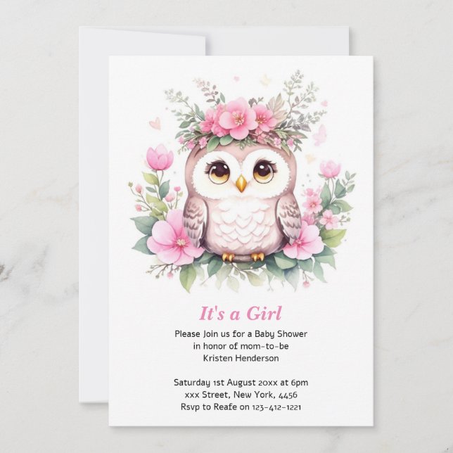 Invitation Adorable Baby shower de fille de hibou rose (Devant)