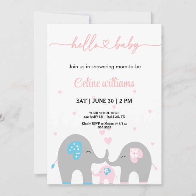 Invitation Adorable baby shower familial Eelephant (Devant)