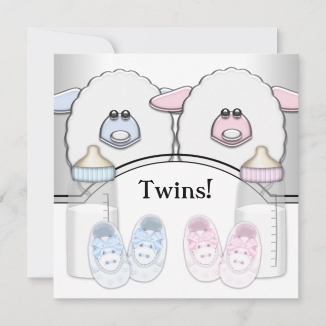 Invitation Adorable Baby shower jumeau rose et bleu mouton (Devant)