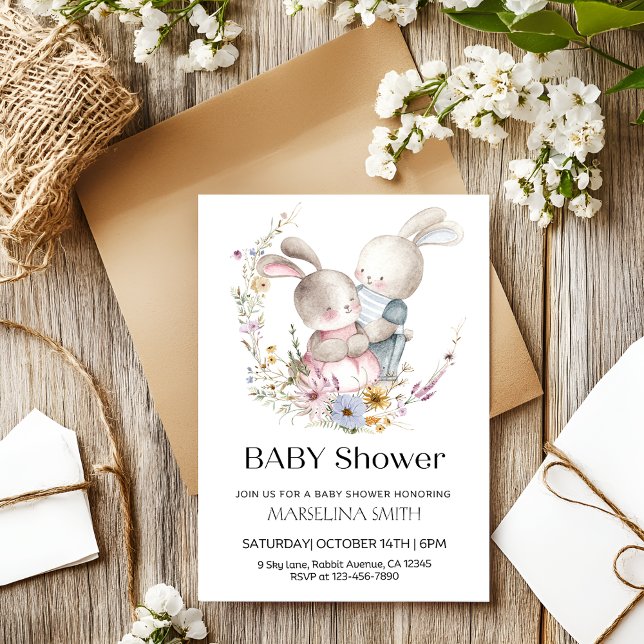 Invitation Adorable Baby shower Twin Bunnies (Créateur téléchargé)