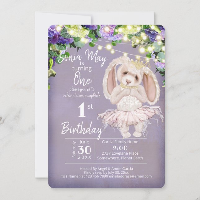Invitation Adorable Ballerina Bunny 1er Anniversaire violet (Devant)