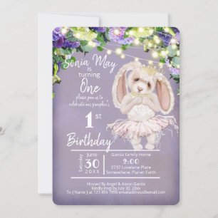 Invitation Adorable Ballerina Bunny 1er Anniversaire violet