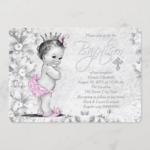 Invitation Adorable Baptême Rose et Gris Vintage
