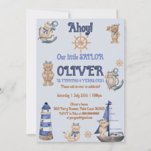 Invitation Adorable bateau bleu marine Teddy Bear anniversair