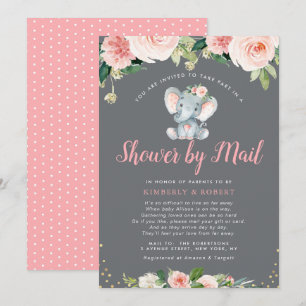 Invitation Adorable bébé éléphant rose douche florale par cou