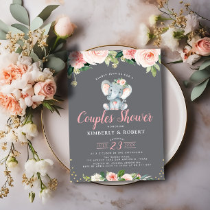 Invitation adorable bébé éléphant rose fleuri couples douche