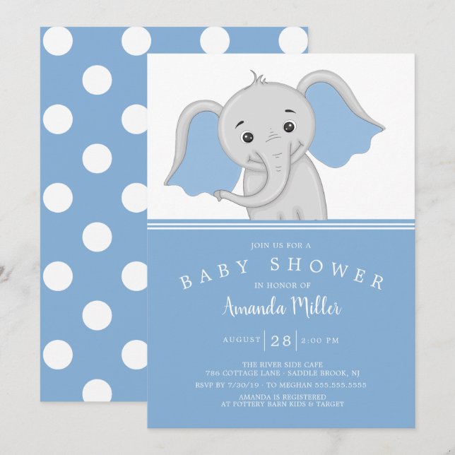 Invitation adorable bébé garçon éléphant Baby shower (Devant / Derrière)