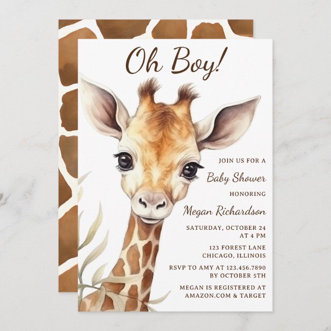 Invitation adorable bébé Giraffe Oh Baby shower garçon (Devant / Derrière)