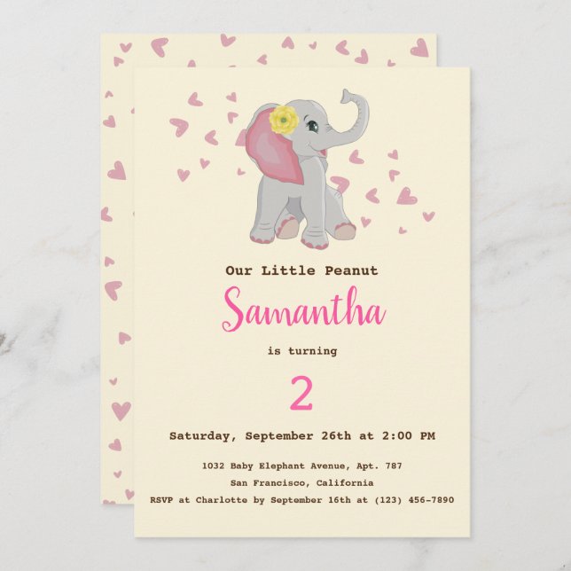 Invitation Adorable Bébé mignon Eléphant rose et gris Anniver (Devant / Derrière)