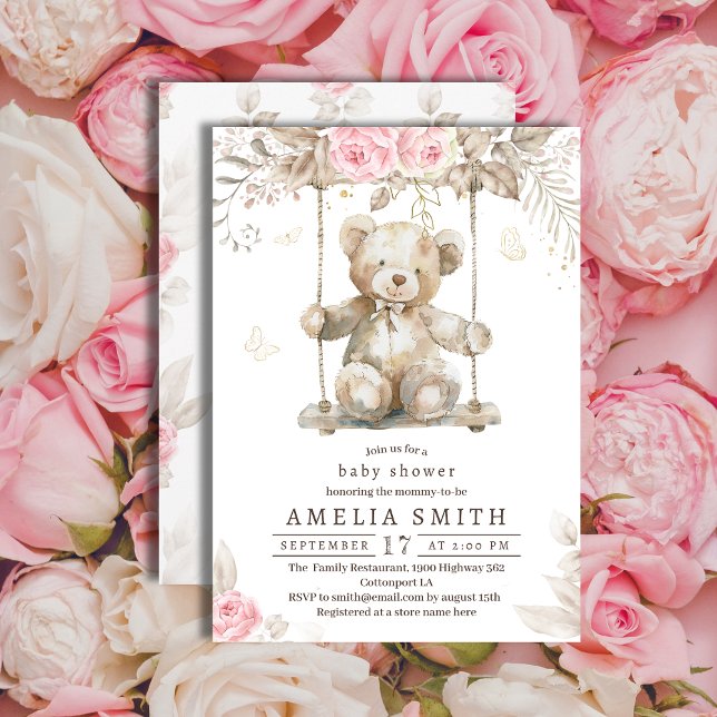 Invitation Adorable Beige Aquarelle Teddy Ours Rose Floral (Créateur téléchargé)