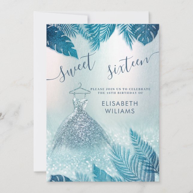 Invitation Adorable bleu tropical feuille parties scintillant (Devant)