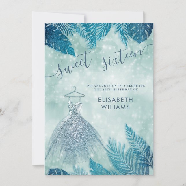 Invitation adorable bleu tropical feuilles bokeh doux 16 (Devant)