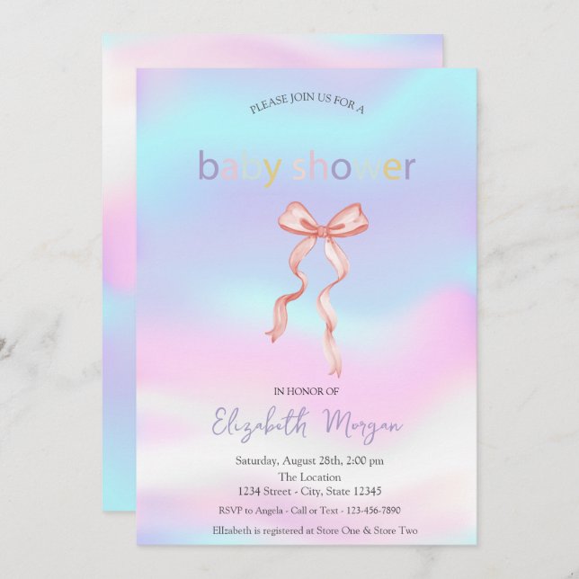 Invitation Adorable Bow rose Baby shower holographique (Devant / Derrière)