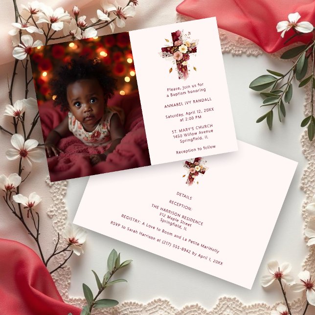 Invitation Adorable Burgundy Glitter Floral Cross Baptism (Adorable Burgundy Glitter Effect Floral Christian Cross-Shape Baptism Invitation Card Design.)