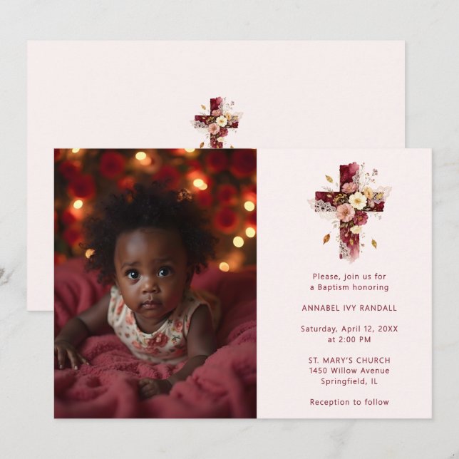Invitation Adorable Burgundy Glitter Floral Cross Baptism (Devant / Derrière)
