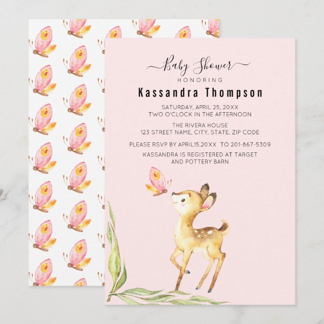 Invitation Adorable Cerf De Bébé Au Baby shower De Papillon (Devant / Derrière)