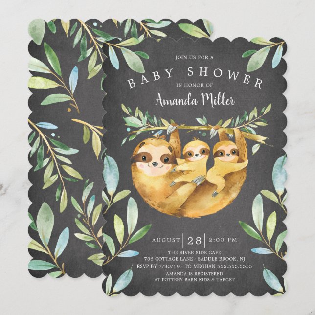 Invitation Adorable Chalkboard Sloth Twins Baby shower (Devant / Derrière)