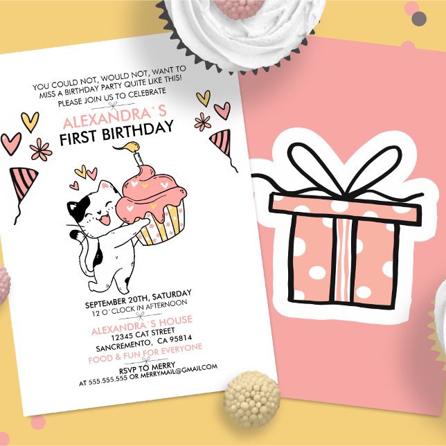 Invitation Adorable Chat Thème Première Fille Anniversaire (Adorable Cat-Themed First Girl Birthday Invitation - Personalize for a Purr-fect Celebration!)
