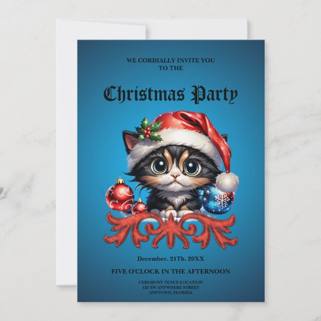 Invitation adorable chaton de Noël. (Devant)