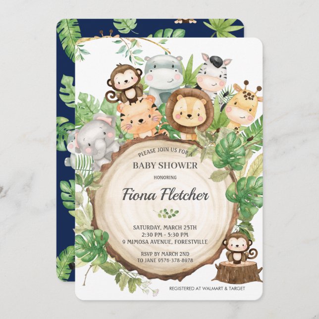 Invitation Adorable Cute Jungle Animaux Baby shower de verdur (Devant / Derrière)