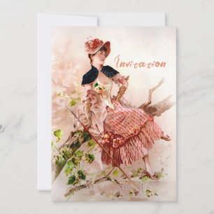 Invitation Adorable Dame Vintage en Robe Rose