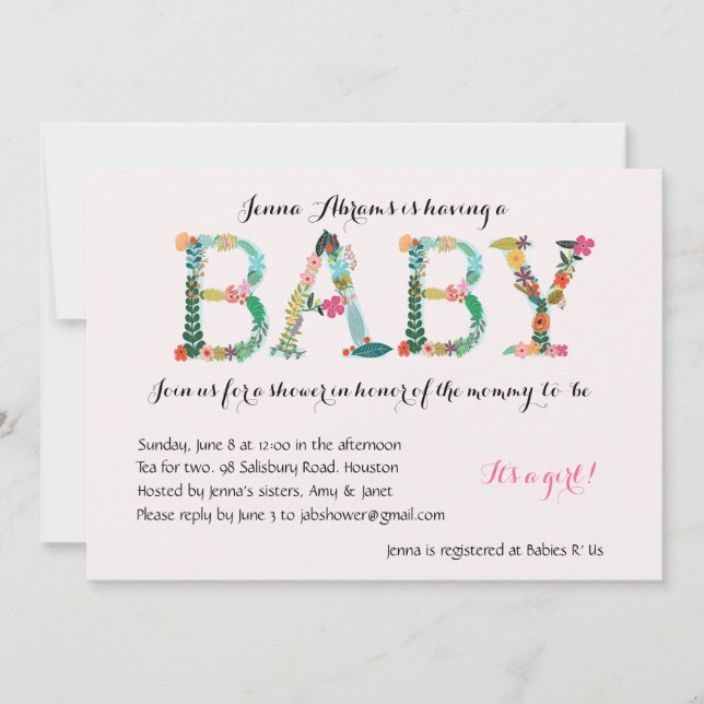 Invitation adorable de baby shower de fille (Devant)