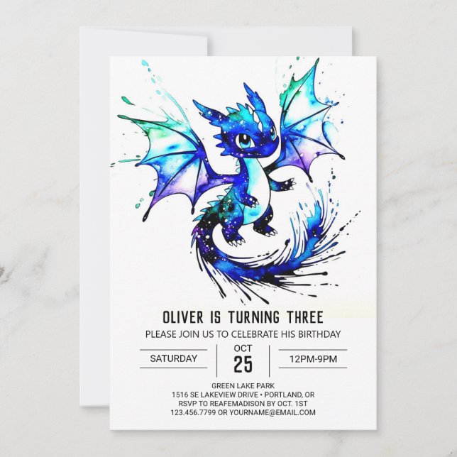 Invitation Adorable Dragon Peint Digital Boy Anniversaire (Devant)